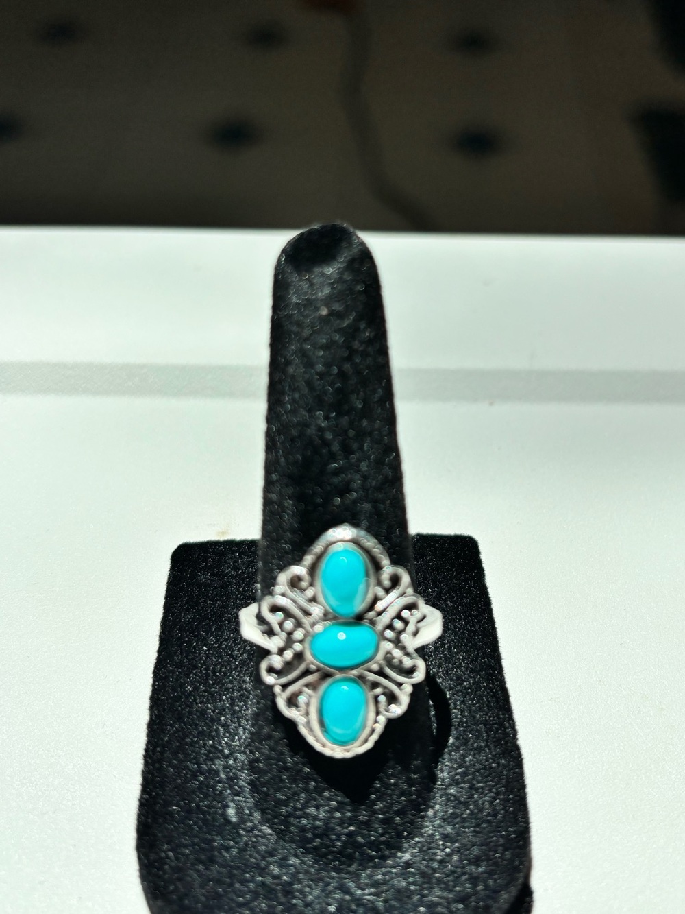 Silver Turquoise Oval Trio Statement Ring - Blue-  Size 7- Intricate Designs